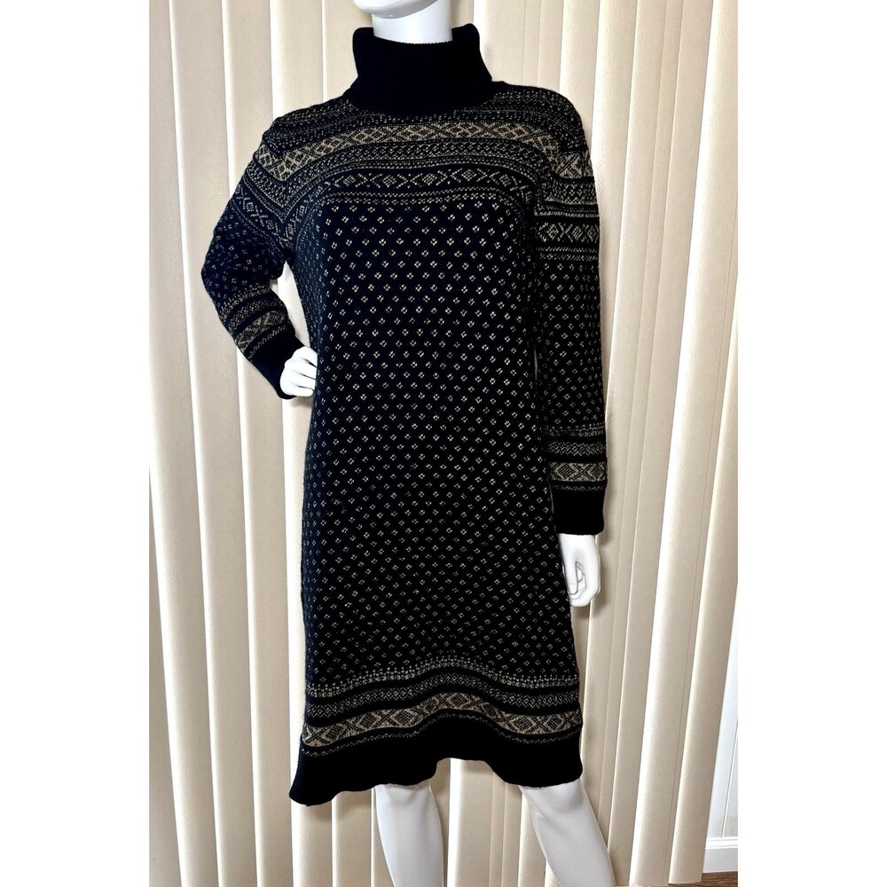 Lauren Ralph Lauren Sweater Dress 2X Black Gold Fair Isle Wool Cashmere